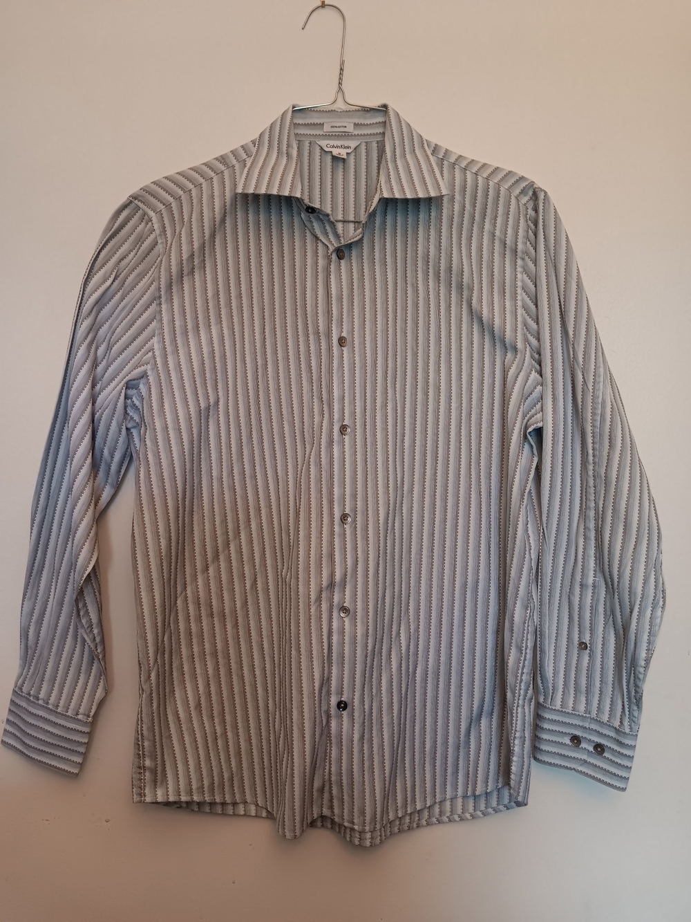 Calvin Klein Men's Blue and White Striped Button-Down Shirt ( Price Is Firm)